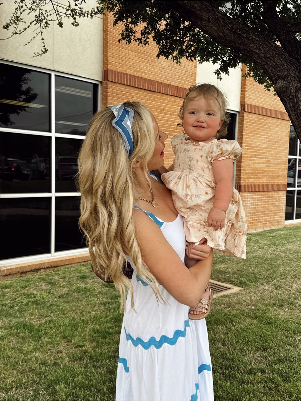 Blue-Trim White Tiered Maxi Dress